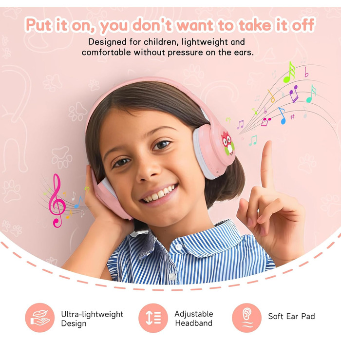 Дитячі навушники LOBKIN Bluetooth Over-Ear з чохлом, рожеві, ANC, складні, регульовані, для школи та подорожей