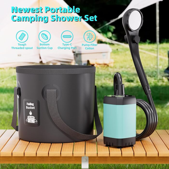 Mytrix 2024 Upgraded Portable Camping Shower Full Set: 6000mAh Rechargeable Power Suction Pump with Smart Display, Multi-Modes Spray Head & 5 Gal Water Foldable Bucket for Outdoor Travel Hiking