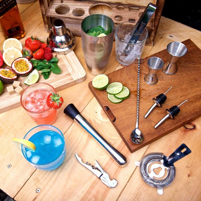 Набір для приготування коктейлів PAVOCI: 11 предметів, шейкер, барменський інструмент з нержавіючої сталі, дерев'яний підставник, аксесуари. Ідеально для дому, бару, професійного використання