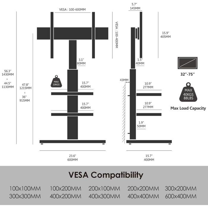 Підставка для телевізора FITUEYES: регульована, поворотна, для телевізорів 32-75 дюймів (до 40 кг, VESA 600x400)