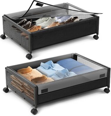 Підліжкова комода з колесами 2 шт., 48 л, ящик для зберігання під ліжком з кришкою та металевим каркасом, складана підліжкова коробка з колесами для одягу, постільної білизни, взуття, 48 л * 2, липучка
