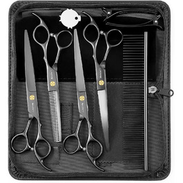 Набір професійних ножиць для грумінгу собак 5шт (прямі, вигнуті, для розрідження), чорний