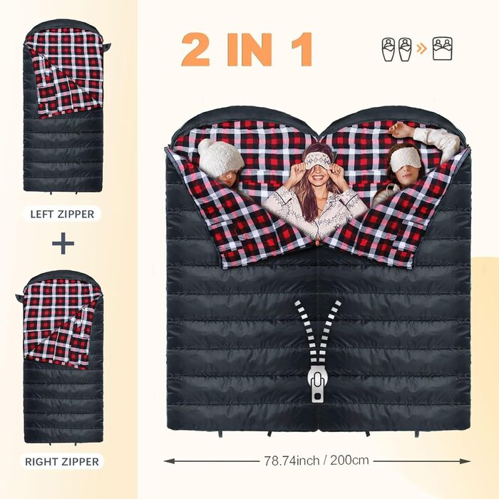 Спальний мішок Poepore Outdoor Winter для дорослих, XXL, 3-4 сезони, теплий бавовняний фліс, 230x100 см, 0°C (сірий, -6°C)