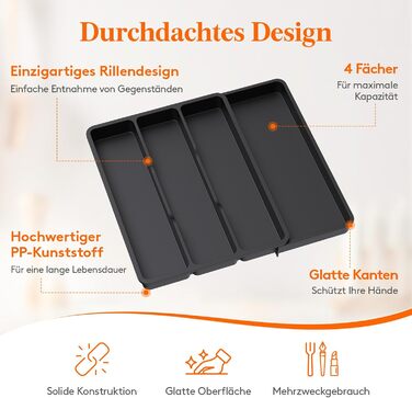 Органайзер для столових приборів Lifewit в шухляду, розширюваний 43.9 см, чорний, 30-44x40x4.6 см