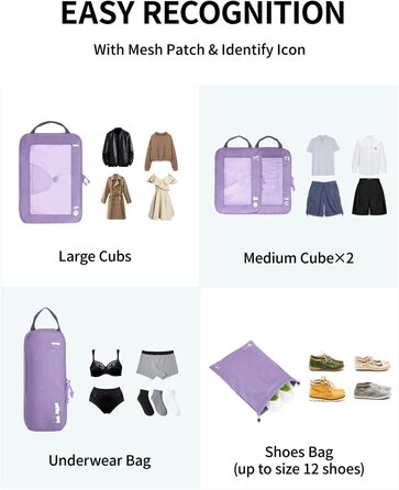 Набір органайзерів для валізи ECOHUB (5 шт.) - компресійні куби для подорожей, рюкзаки, валіза, органайзер для одягу (темно-зелений, світло-фіолетовий)