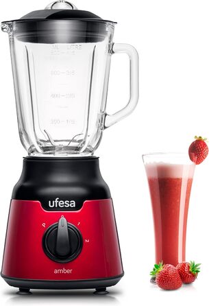 Ufesa Stand Mixer BS4100 Amber Red, 0.8L Glass Jar, Pulse/Ice Crush Function, 2 Speeds + Pulse, 4 Stainless Steel Blades, 900W, Airtight Seal, BPA-Free, Red Inox, Amazon Exclusive 900W 0.8L