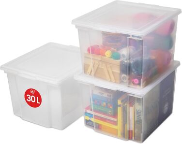 Iris Ohyama Versatile Storage Boxes, 30L, 6-Piece Set, Easy-Close Lid, Stackable, Plastic, For Closet, Shelves, Organization, Clothing, Bedding, Garage, USB-M (Transparent, 30L / 3-Piece Set)