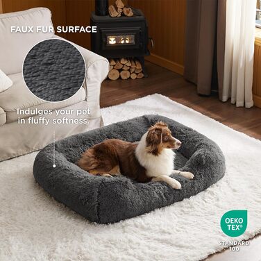 BEDSURE Fluffy Dog Bed for Medium Dogs - 76x61x18cm Washable Dog Bed for Medium Dogs, Square Cozy Bed with Soft Edge and Non-Slip Bottom, Gray (L 106 x W 76 x H 20 cm)