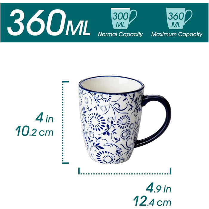 Набір кавових чашок з блюдцями Vancasso Cappuccino SELENE 6шт, 240мл, блакитно-білий вінтаж, порцеляна, для мікрохвильовки та посудомийної машини