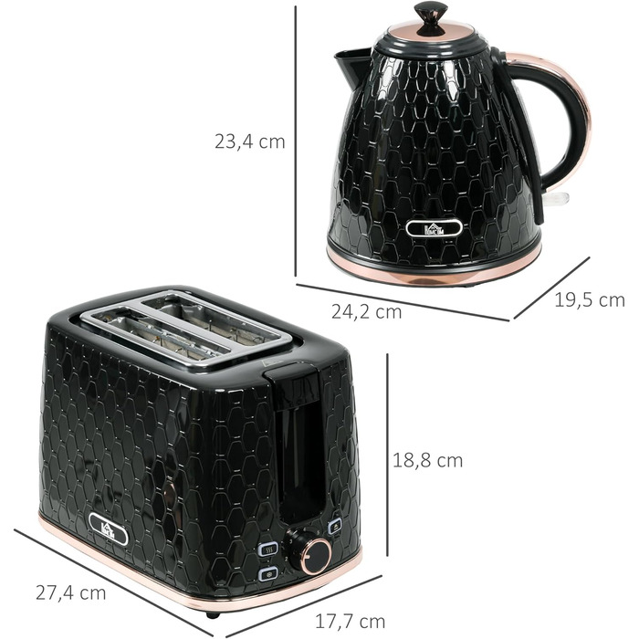 Набір чайник та тостер HOMCOM, 1.7л, 2200W, автоматичне вимкнення, 7 рівнів підсмажування, крихтозбірник, термостат, чорний