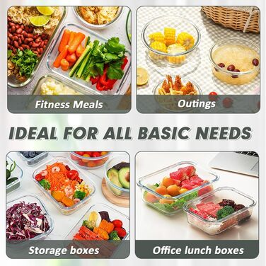 VERONES 24-Piece Crisper Set, Airtight Glass Lunch Boxes, Stackable with Lid, Freezer and Dishwasher Safe, Grey
