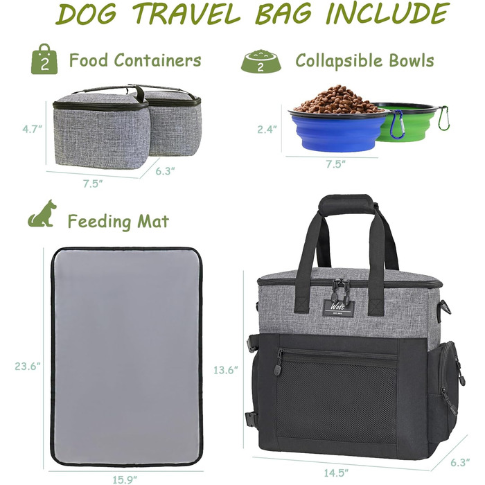 Сумка для собак Wolt: переносна сумка для подорожей з набором мисок та контейнерами, сірого кольору