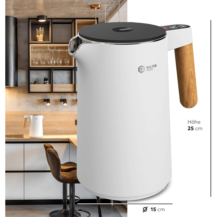 BALTER Stainless Steel Kettle with Temperature Setting, 45°C-100°C, Double-Walled, BPA-Free, Quiet & Cordless, Keep-Warm Function, Tea Kettle with Temperature Display, 1.5L, 2200W, Black (White)