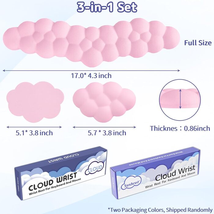 Підставка для зап'ястя під клавіатуру Sushret Cloud, Ергономічна, з Memory Foam, для ПК, ігор, білого (рожевого) кольору