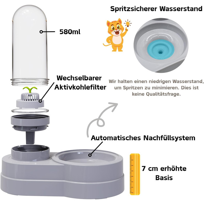 Автоматичний поїльник для котів та собак, 580 мл, фонтанчик для тварин з фільтром (сірий)