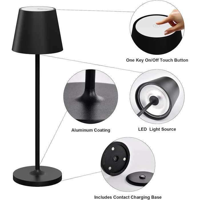 LED акумуляторні настільні лампи Klighten (2 шт.), диммування, для дому та вулиці, USB зарядка, 3000K, IP54, алюміній (чорний)