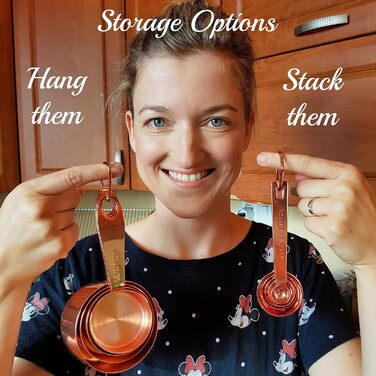 Copper and stainless steel measuring cups and spoons, copper-plated, high-quality stainless steel. Satin + high gloss polished. US + metric measurements. Kitchen gift under $30. From Copper Gemz Gift Box Packaging copper.