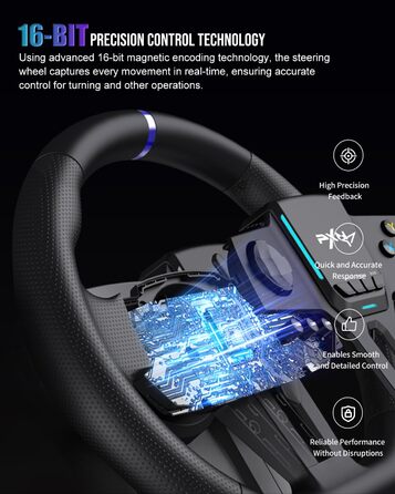 PXN V900 Gen2 Ігровий кермо з педалями Hall Effect – 16-бітне USB кермо для ПК з кутом повороту 270°/900°, вібрація, перемикачі передач та керування через додаток – сумісне з PC, Xbox, PS4, PS3, Switch