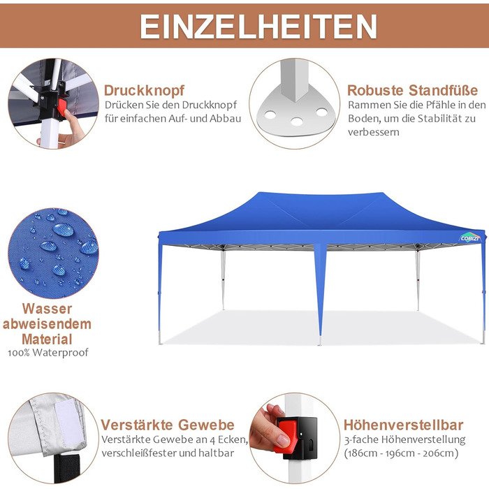 COBIZI Pavilion 3x3 Waterproof Stable Winterproof Party Tent 3x3 with 4 Side Walls Pop Up Folding Pavilion UV Protection 50+ Garden Pavilion With Handbag, 8X Pegs and 4X Wind Rope, (Light Blue, 3x6 m)