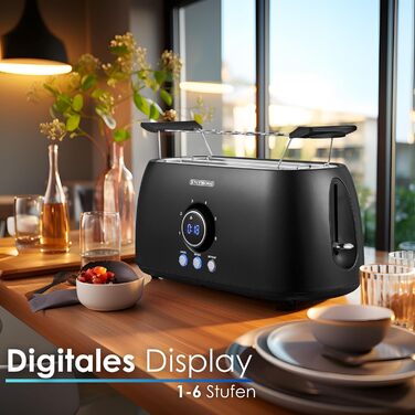 Тостер XXL з 4-ма відділеннями та підставою для бургерів | Чорний колір | Цифровий дисплей | Автоматичне вимкнення