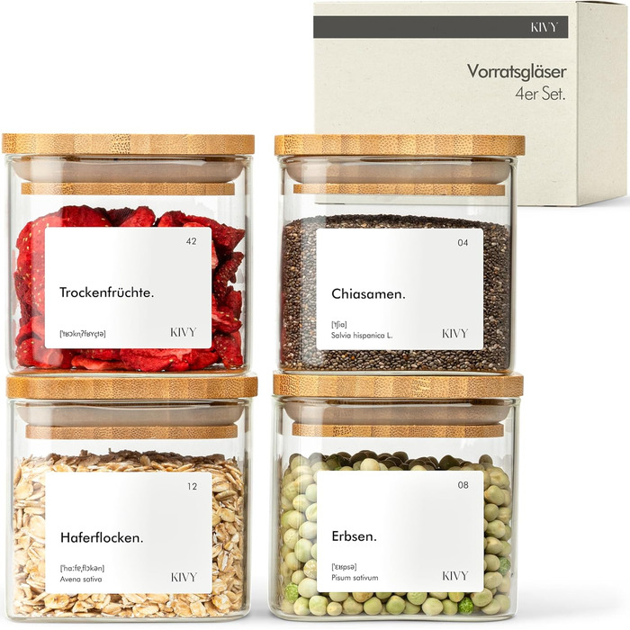 Скляні банки для зберігання KIVY, набір 4 шт (400 мл) з бамбуковими кришками та етикетками