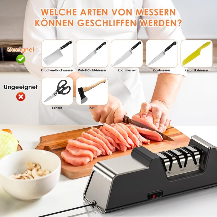 Professional electric knife sharpener with 100% diamond abrasive and precision angle guides. Suitable for double-bevel and serrated knives. Quickly achieves razor-sharp results.