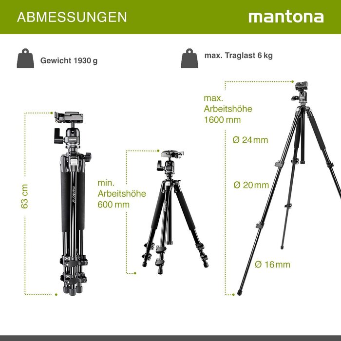 Штатив для камери Mantona Basic Scout Max, висота до 160 см, з кулястою головкою та реверсивним центральним стержнем, компактний легкий фотоштатив для DSLR, подорожей та outdoor-зйомки