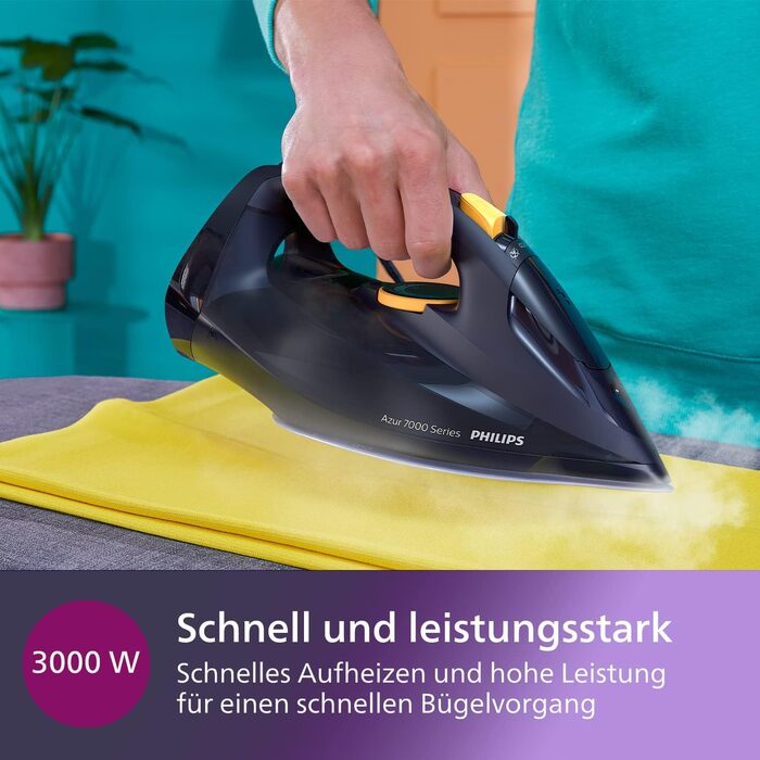 Philips Azur 7000 Series Steam Iron - 3000W, 55 g/min Continuous Steam, 250 g Steam Boost, Vertical Steam, SteamGlide Elite Soleplate, Dark Blue/Yellow (DST7060/20) 250 g Steam Boost 55 g continuous steam Dark Blue