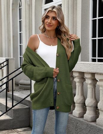 Жіночий в'язаний кардиган Zeagoo з довгим рукавом, вільний крій, V-подібний виріз, грубий в'язання, на кнопках, для осені/зими (зелений, S)