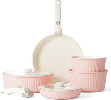 RIOVARM Induction Cookware Set - 16 PCS Nonstick Granite Pots & Pans with Removable Handles, Silicone Lids, Stackable & PFOA-Free - Sakura Pink