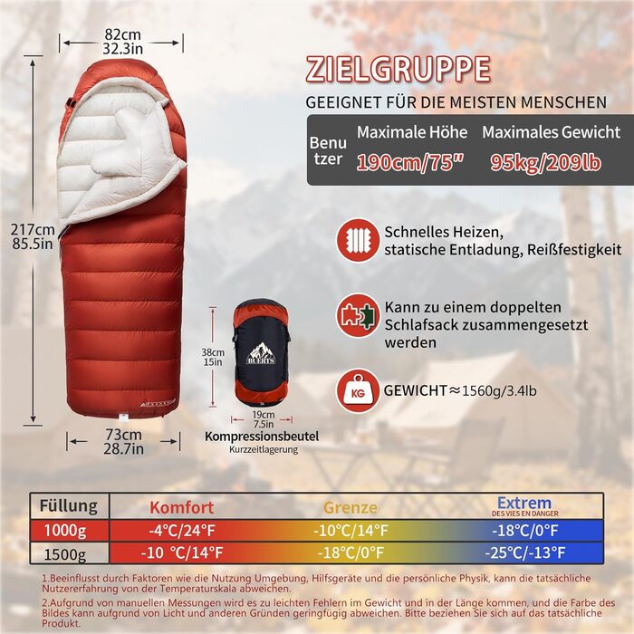Спальний мішок для дорослих з пухом, 680FP, Outdoor, зимовий, для кемпінгу, походів та подорожей, з компресійним мішком. -10°C, сірий (-4°C, червоний)