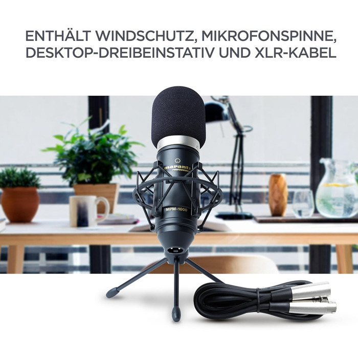 Мarantz Professional MPM1000 - XLR конденсаторний мікрофон з поп-фільтром, підвісом, штативом та XLR кабелем для дому/студії