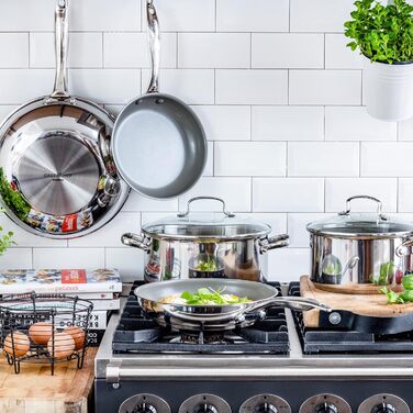 Каструля GreenChef Profile Plus 18 см, 2,1 л, антипригарна кераміка, нержавіюча сталь, з кришкою із загартованого скла, PFAS-free, для індукції, жароміцна до 200°C, срібляста, сіра всередині