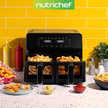 Фритюрниця NutriChef з подвійною камерою, 8л, 1700W, чорна. 9 програм, антипригарне покриття, для смаження, приготування на грилі та випікання