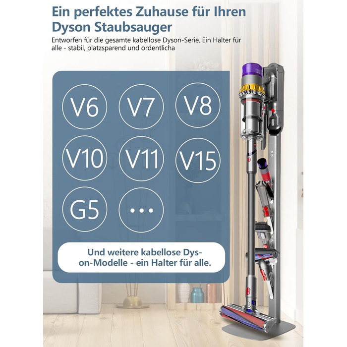 Тримач для пилососа Dyson Wandhalterung з зарядною станцією для V8–V15 та Gen5 – стабільний тримач для акумуляторного пилососа з органайзером для аксесуарів, щіток та кабелів (срібний)