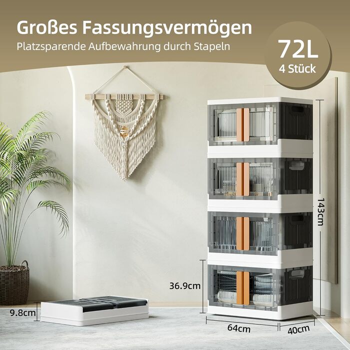 NETEL Storage Box with Lid Large, Stackable Storage Boxes 72L 4 Pack, Plastic Storage Boxes, Transparent Stackable Boxes with Lid, Foldable Storage Box with Door and Wheels