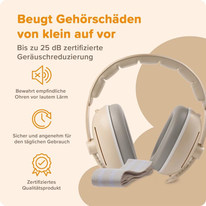 Навушники шумоізоляційні дитячі 3-48 місяців - захист слуху для малюків 25dB, зменшення шуму - м'які дитячі навушники з еластичним та регульованим обручем, бежевий