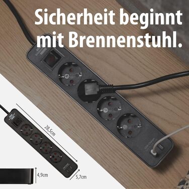 Брененштуль Ecolor Розподільник розеток на 4 розетки з USB-зарядкою (Чорний, з вимикачем, 1.5м кабель, 2x USB-C)