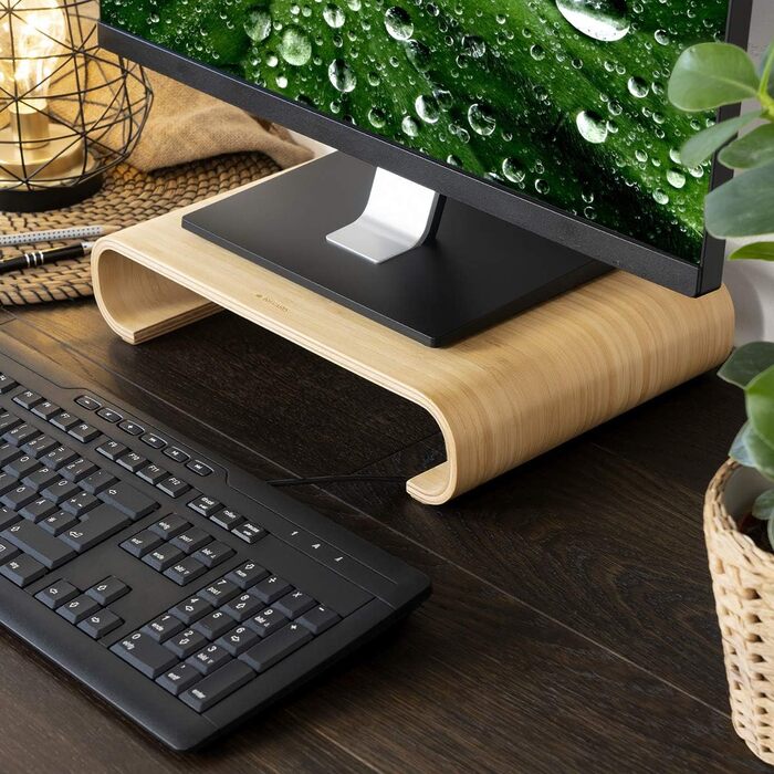 Navaris Monitor Stand - TV Stand - Computer Desk Table Monitor Riser Bank - Light Brown Bamboo Desktop Organizer
