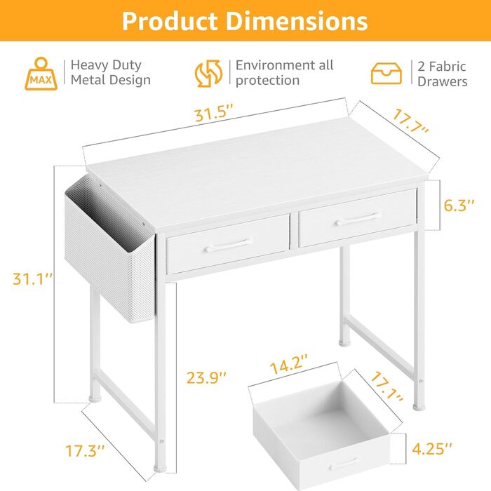 Fabric Drawer Computer Desk for Home Office & Bedroom - Small Gaming Desk with 2 Drawers | PC Desk, 39.4