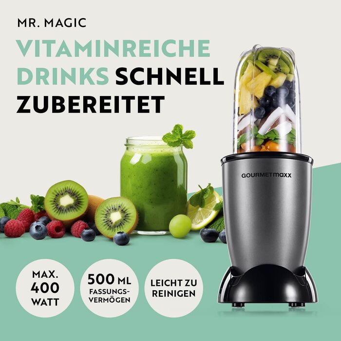 GOURMETmaxx Mr. Magic: Блендер для смузі та шейків | 400W | Комплект з 4 насадок | Чорний, Антрацит | Mr. Magic Power +