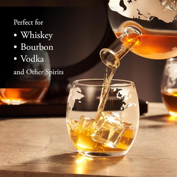 Crystal Whiskey Decanter Globe Set with 4 Glasses - Bourbon, Rum, Scotch Gift for Men, Dad, Him - Transparent Globe Decanter Set