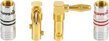 Комплект кутових бананових роз'ємів Poppstar High End (12 шт), 24K золоте напилення, для кабелів до 6 мм², червоні та чорні