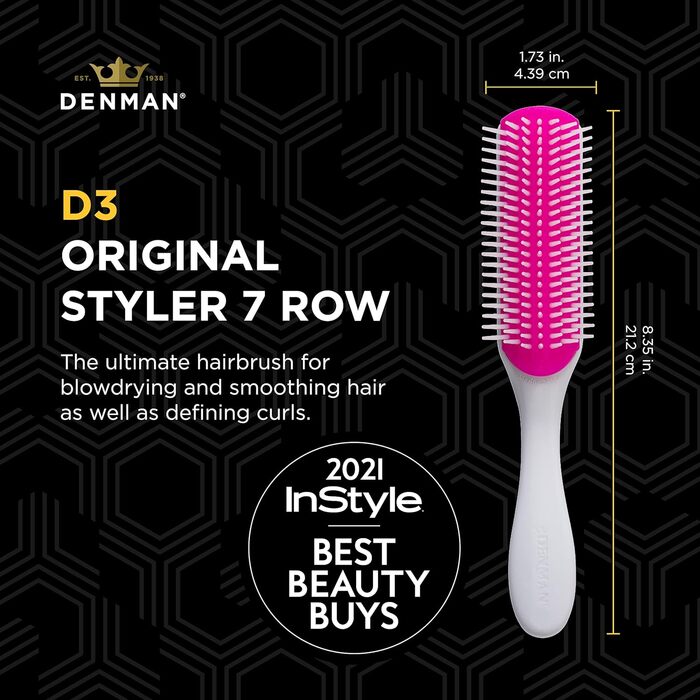 Щітка для кучерявого волосся Denman D3 (African), 7-рядна стилістична щітка для розплутування, розділення, формування та визначення локонів – для жінок та чоловіків (Cherry Blossom)