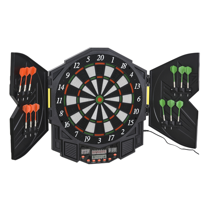 HOMCOM Електронна дартс-дошка Dartboard з дверцятами, 216 ігор, в комплекті 4 світлодіодних індикатори, 12 дротиків для до 8 гравців, ABS PP, 49x54,6x5,5 см