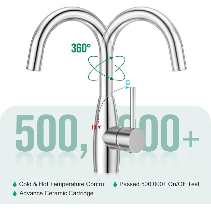 Кран кухонний CREA, 360° поворотний, для малої кухні, змішувач з високим виливом, нержавіюча сталь хром