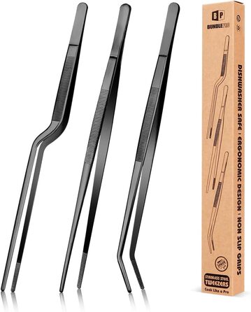 Набір кухонних пінцетів 10 дюймів, професійний, нержавіюча сталь, чорний. Для приготування, декорування та BBQ