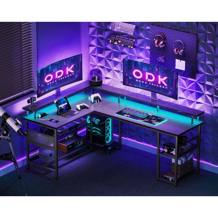 Ігровий стіл ODK з LED, кутовий, з розетками та USB, велика карбонова поверхня 168×120 см, чорний