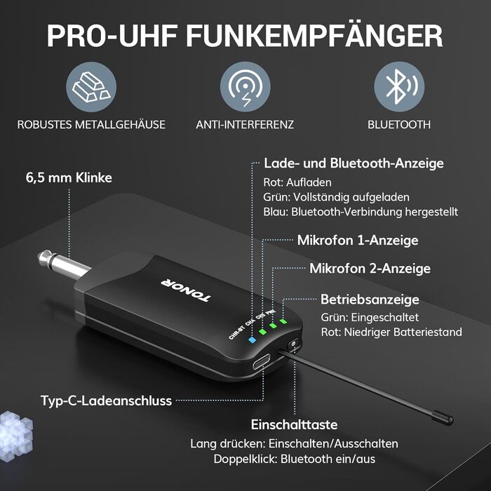 TONOR TW720 Бездротовий мікрофон Bluetooth з металевим корпусом, UHF, 100м, 2 шт. для караоке, вечірок, конференцій