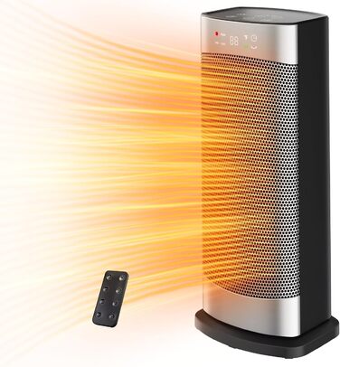 Електричний обігрівач з термостатом 1500W, 70°C, PTC кераміка, тихий, ECO-режим, таймер 24 год, захист від перегріву та перекидання, срібний, 41 см